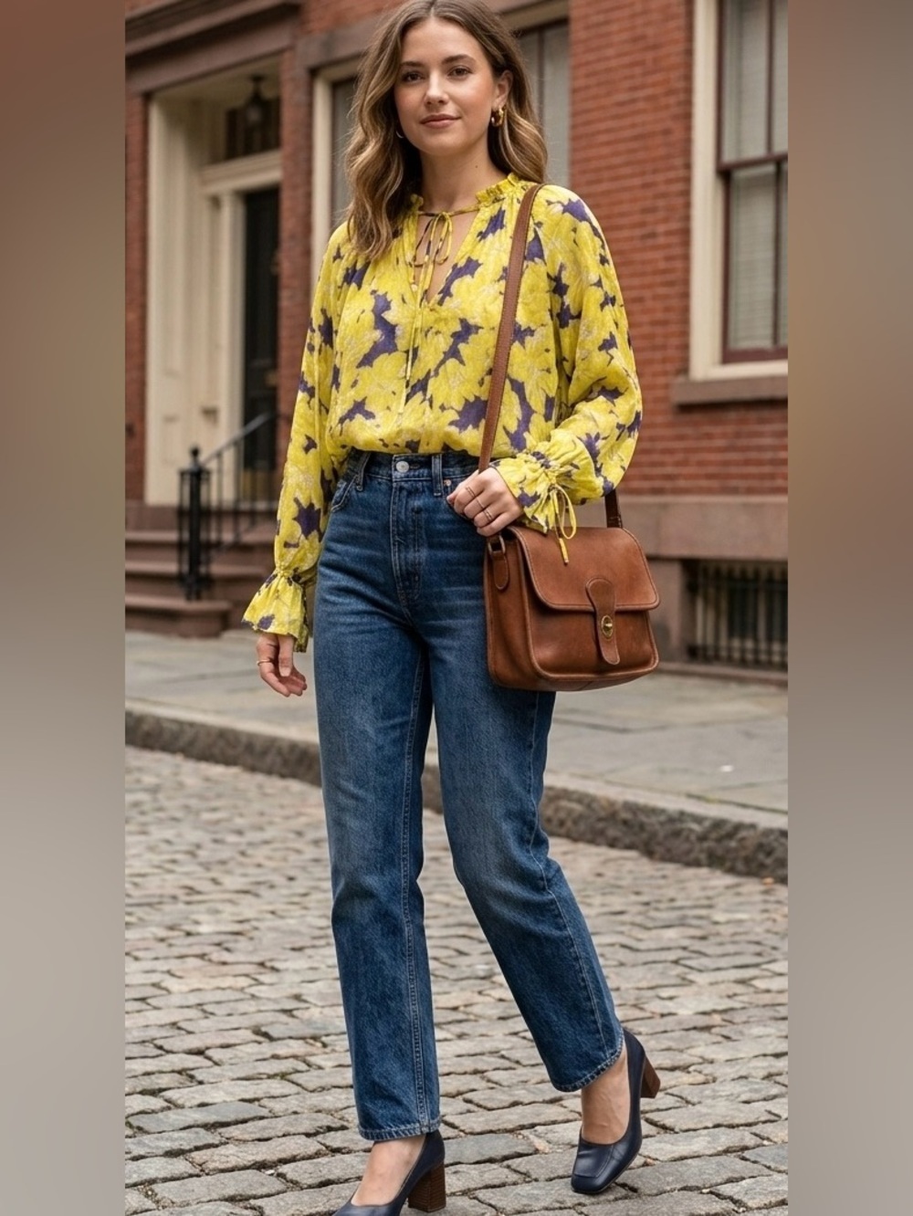 Aureta Studio Yellow Floral Silk Blouse Ruffle Neck Long Sleeve Size M